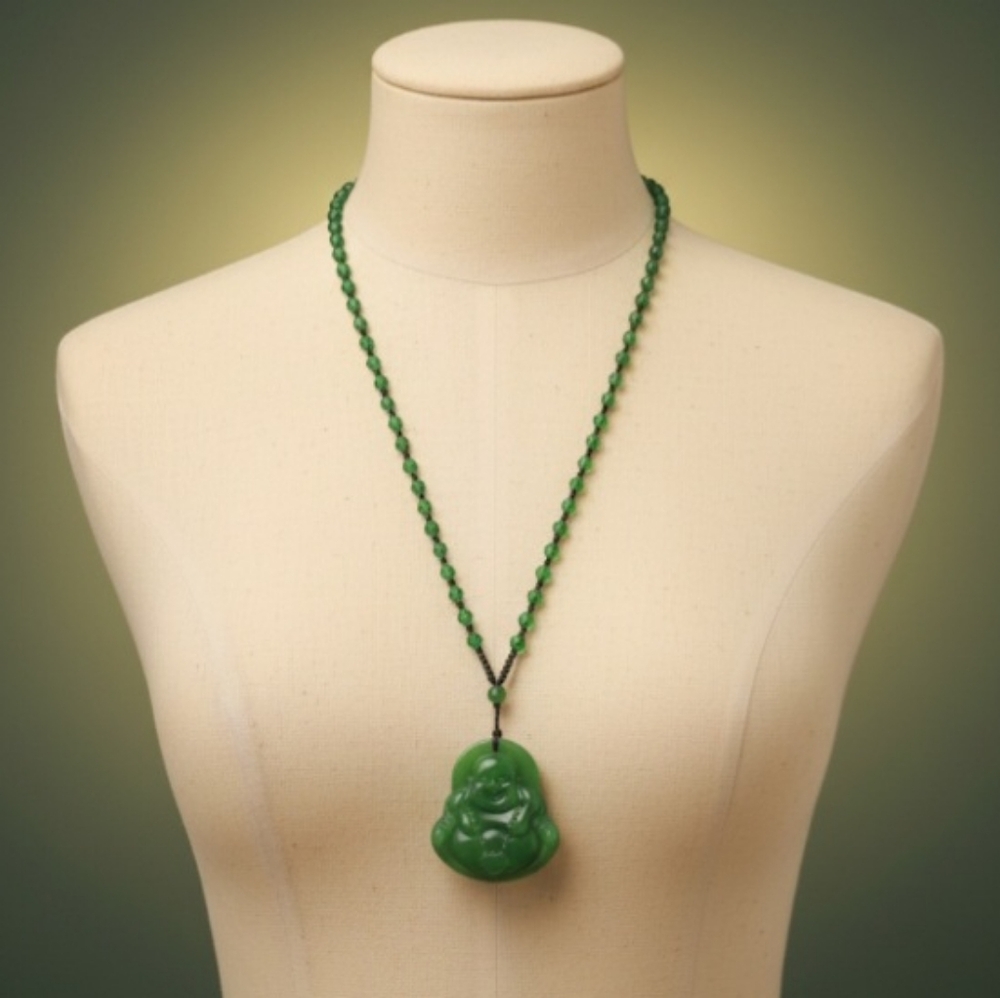 NEW, Buddha Pendant Necklace. Color: Dark Green Jade. Length: 27.5".